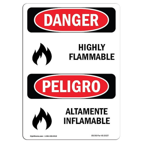 Safety Sign, OSHA Danger, 5" Height, Altamente Inflamable, Bilingual Spanish, 10PK